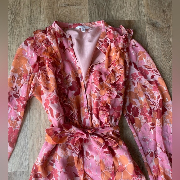 LC Lauren Conrad Pink Orange Floral Ruffle Belted Mini Dress Size S garden party - Picture 2 of 4